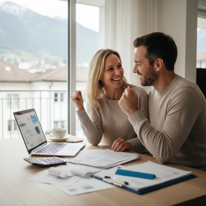 AI Generated Pareja feliz revisando su declaración fiscal en Suiza